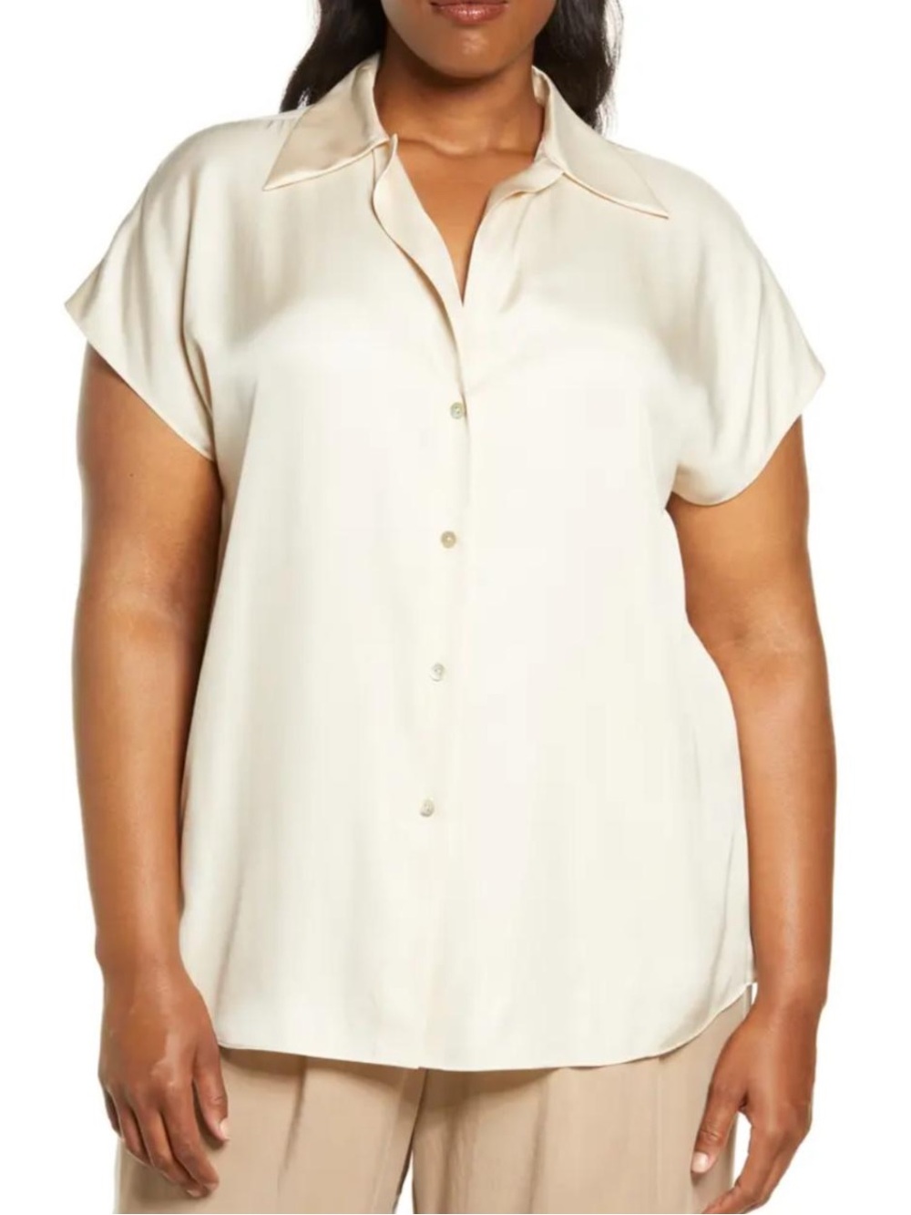 Vince CapSleeve Cream/Tan Silk Blend Button Up Office Blouse. Size Large.